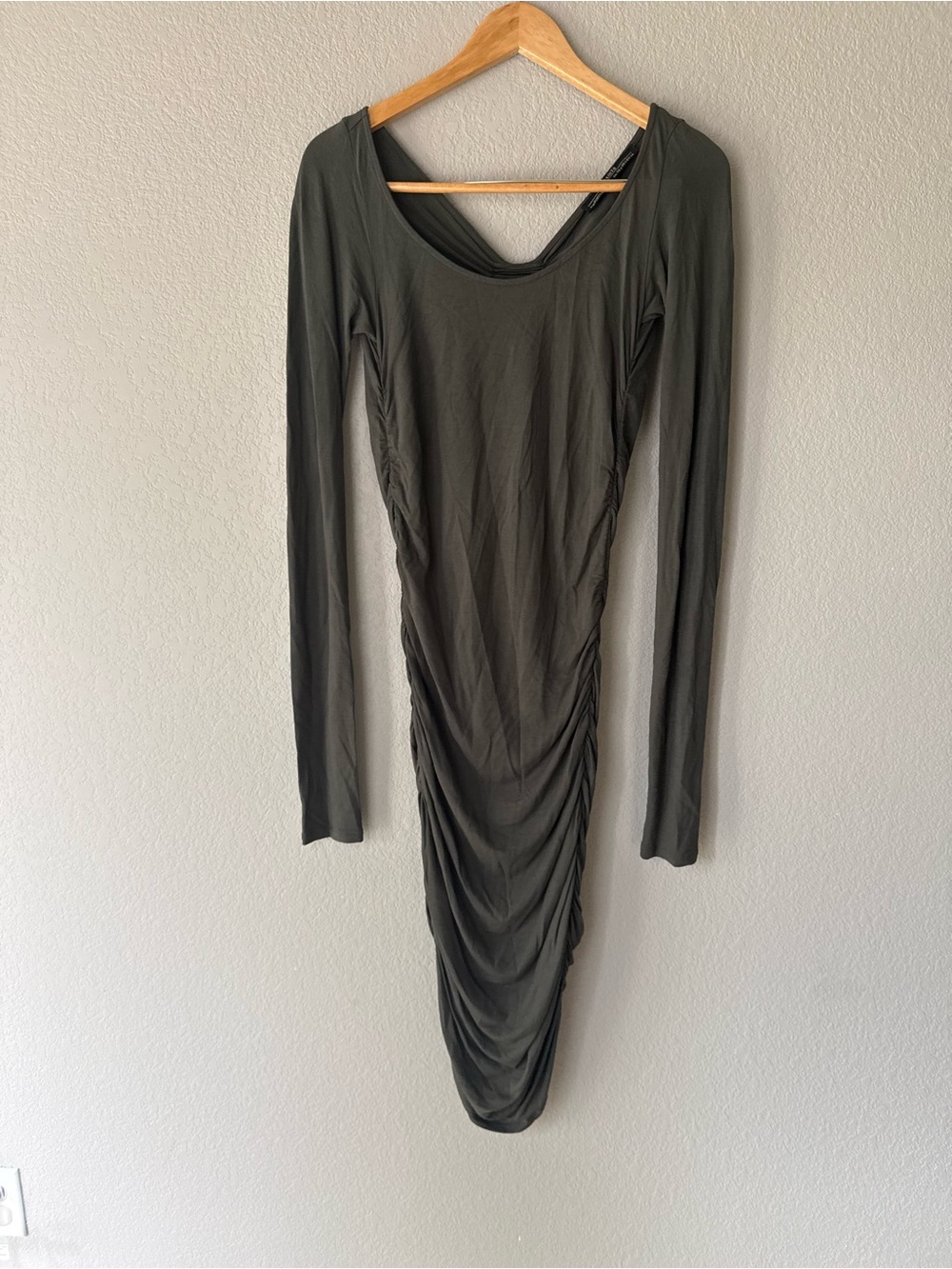 AllSaints Olive Ruched Long-Sleeve Bodycon Dress